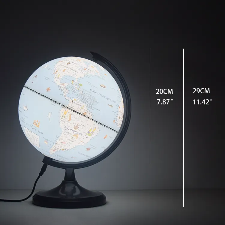 20cm (8") French Language Cartoon World Globe with Black Painted Metal Base & Meridian detail view 1